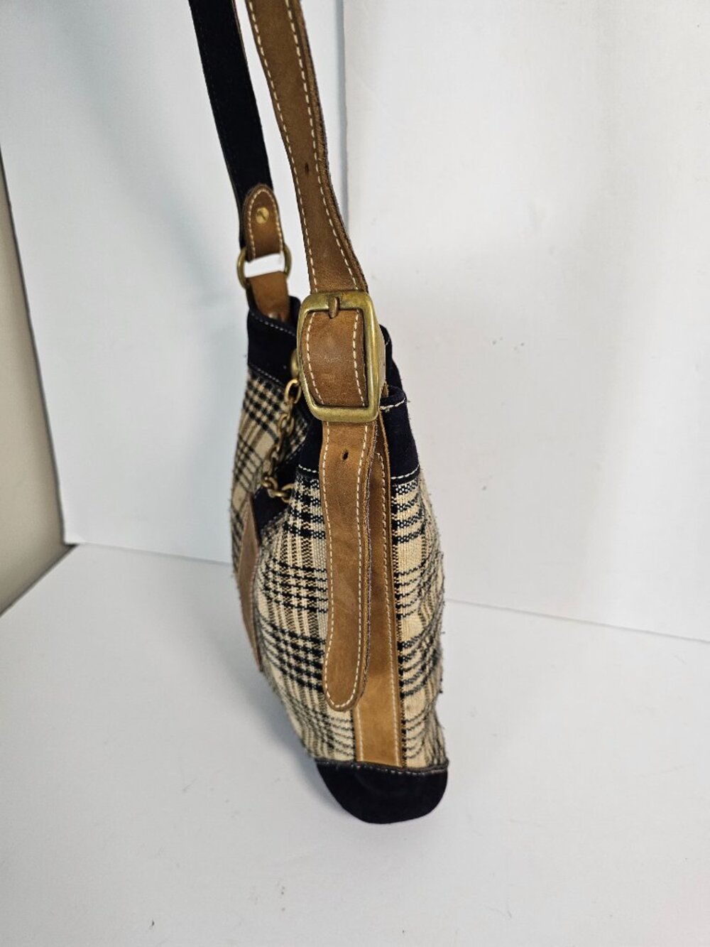 5/A Baker Blanket Bag Plaid Suede Tan Black Shoulder Preppy Equestrian - Picture 3 of 9
